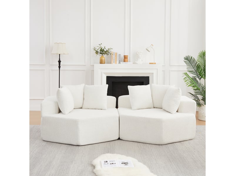 Canapé 1 place modulable hexagonal en chenille bouclée, avec 3 coussins, module lounge pour salon et chambre - beige - Conforama B