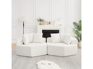 Canapé 1 place modulable hexagonal en chenille bouclée, avec 3 coussins, module lounge pour salon et chambre - beige