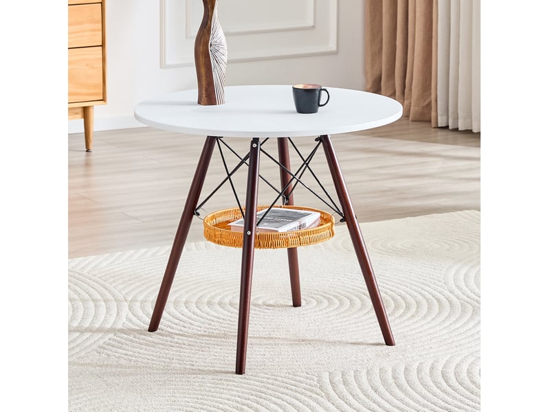 Table à manger ronde, d80 cm, avec panier de espace de rangement suspendu meuble, pratique, mdf et bois, coloris noyer - Conforama D