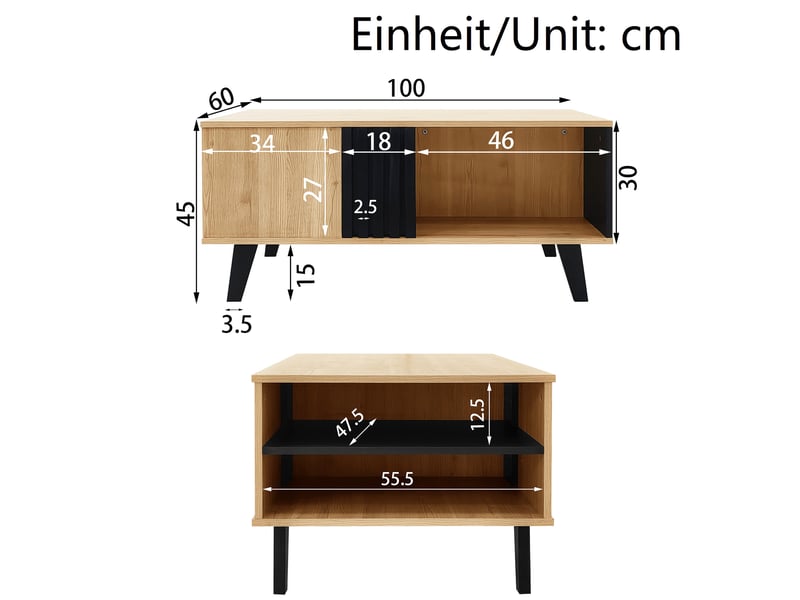  Table basse 100x60x45 cm avec tiroirs panneau de particules noir et bois  - Conforama E