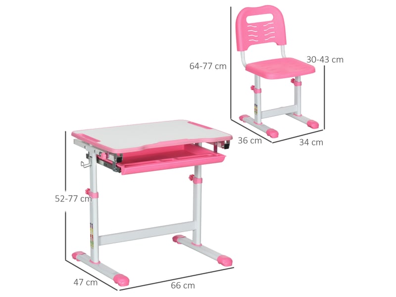 Bureau enfant 6-12 ans avec chaise et hauteur réglable, plateau inclinable, 66 x 47 x 52-77 cm, rose  - Conforama D