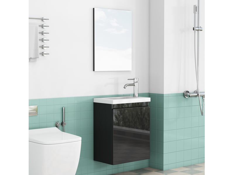 Meuble sous vasque mural avec lavabo, miroir, porte à charnières amorties et façade sans poignée noir brillant - Conforama B