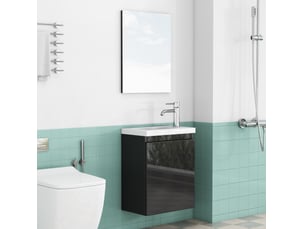 Meuble sous vasque mural avec lavabo, miroir, porte à charnières amorties et façade sans poignée noir brillant