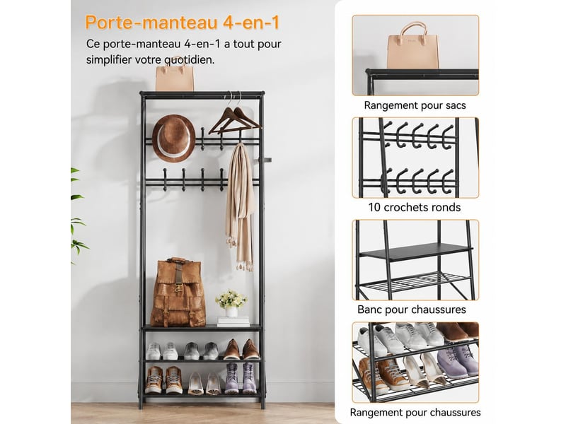  4-en-1 vestiaire d’entrée avec range chaussures, porte-manteau à 10 crochets, 180 x 63 x 30 cm, noir  - Conforama D