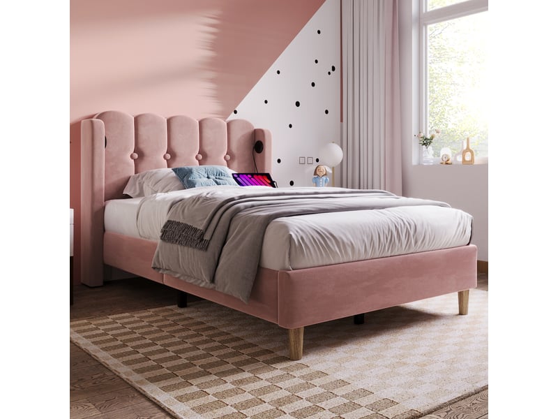  Lit rembourré simple 90x200 cm en velours rose avec ports usb type-c, tête capitonnée et sommier à lattes  - Conforama D