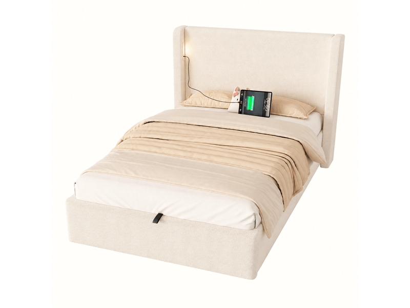  Lit coffre enfant 90x200 cm en bouclé beige avec rangement hydraulique, led, usb et type-c, tête de lit rembourrée et sommier à lattes Morn Vibe - Conforama A
