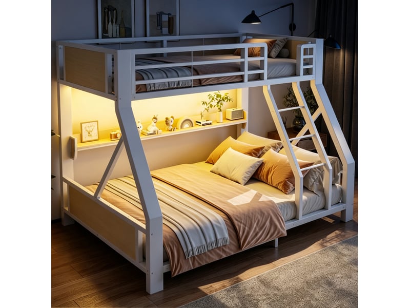  Lit superposé 90x200 et 140x200 cm avec éclairage led et rangement, blanc  - Conforama B