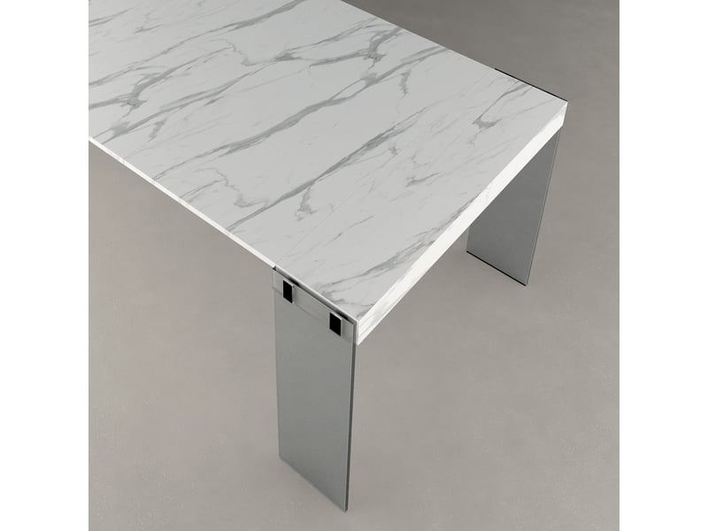 Console extensible gain de place en verre et mélaminé 195cm london - effet marbre blanc  - Conforama D