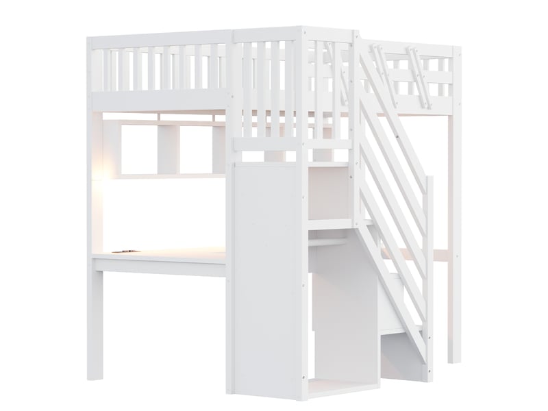  Lit mezzanine,90x200 cm,avec bureau, led et rangements,mdf,blanc  - Conforama D