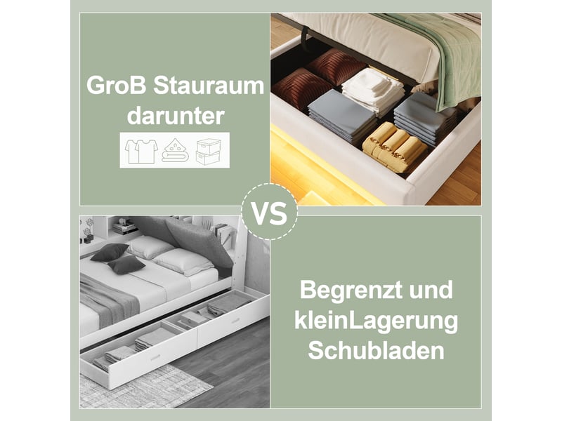  Lit capitonné 140*200cm, beige, sans matelas, led, usb type-c, rangement latéral, relevage hydraulique  - Conforama D