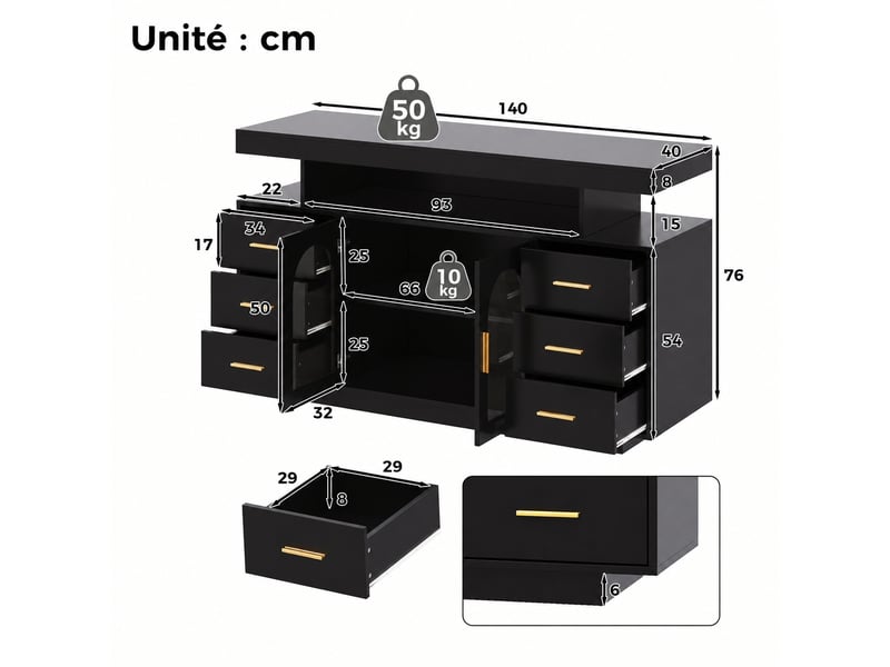 Meuble de cuisine muvano noir, armoire à vin avec éclairage led, six tiroirs, 140 × 40 × 82 cm - Conforama W