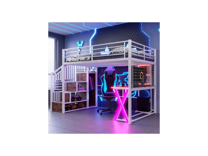  Lit mezzanine lit enfant double 140x200 cm éclairage d'ambiance télécommandé échelle de rangement bureau armoire étagères blanc  - Conforama B