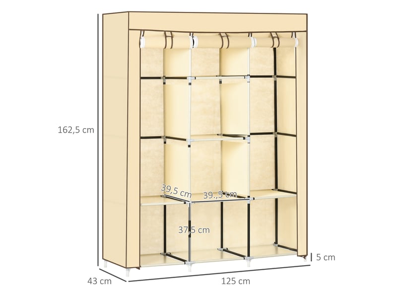  Armoire en tissu 125x43x162,5 cm avec 2 barres de penderie et 8 niveaux métal beige  - Conforama C