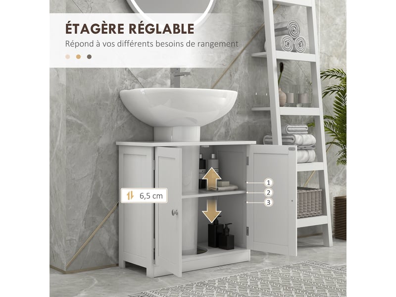  Meuble sous lavabo blanc à 2 portes, étagère réglable, 60 x 30 x 60 cm  - Conforama W