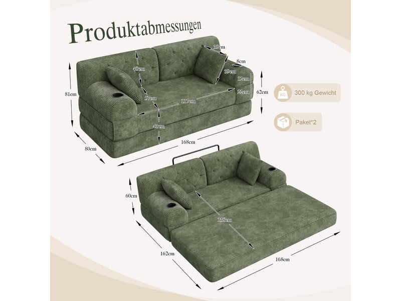 Canapé convertible 2 places en velours côtelé – canapé lit compact avec dossier haut, structure métal, mousse haute densité, porte-gobelets et poches de rangement – vert - Conforama D