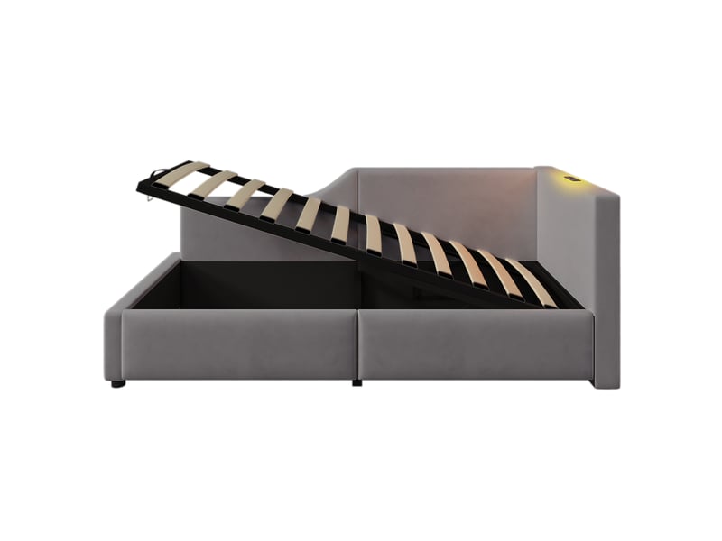  Lit de jour velours gris 90x200 avec coffre de rangement, lampe de lecture et port usb-c  - Conforama W