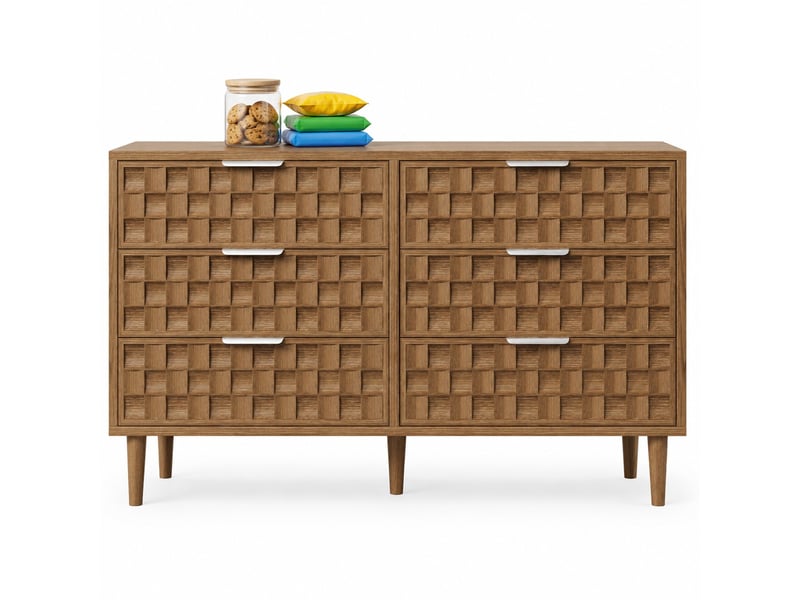 Commode 6 tiroirs avec rangement et poignées en métal pour salon en mdf 120×37×77 cm chêne - Conforama A