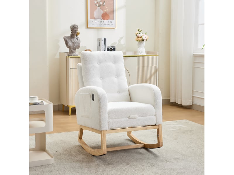 Fauteuil à bascule avec repose-pieds coulissant, ports usb et usb-c, poches latérales en bouclé blanc - Conforama C