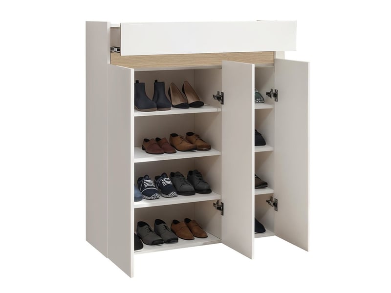 Meuble à chaussures 3 portes et 1 tiroir laqué blanc et décor bandeau aspect bois - eden  - Conforama E