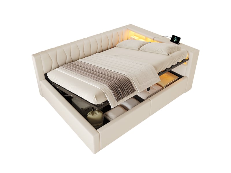  Lit banquette 140x200cm, beige, sans matelas, relevage hydraulique, pour chambre moderne et pratique  - Conforama A