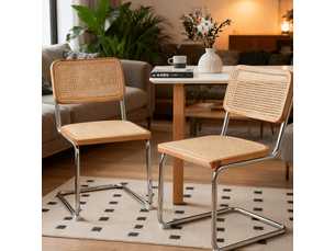 Lot de 2 chaises de salle à manger cantilever 53x46,4x84,6 cm, dossier en cannage rotin, assise rembourrée en velours, piètement chromé, bois naturel