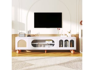 Meuble tv, 170x47x37 cm, bois massif, rotin, verre, portes coulissantes, poignées dorées, portes en arche, design moderne et élégant pour salon