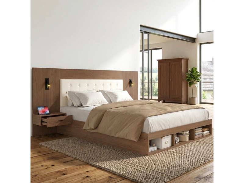 Lit double,180 x 200 cm,avec station de recharge usb & type-c et lampe de lecture, avec 2 tables de chevet, couleur bois noyer - Conforama D