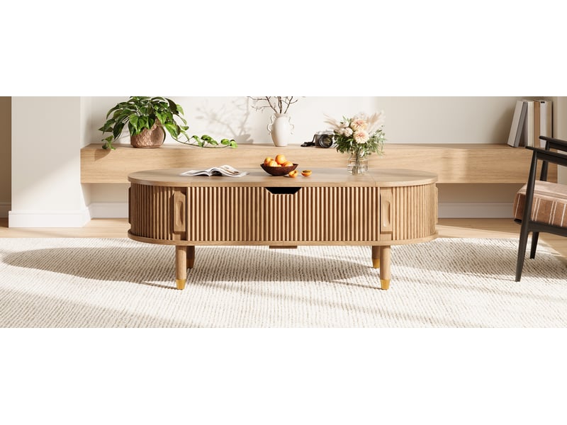  Table basse ovale 110x48x57 cm naturel mdf pieds en bois d hévéa plateau relevable hydraulique rangement portes coulissantes cannelées evarich - Conforama D