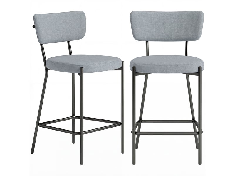  Ensemble de 2 tabourets de bar avec dossier et repose-pieds, en métal et tissu, gris clair  - Conforama A
