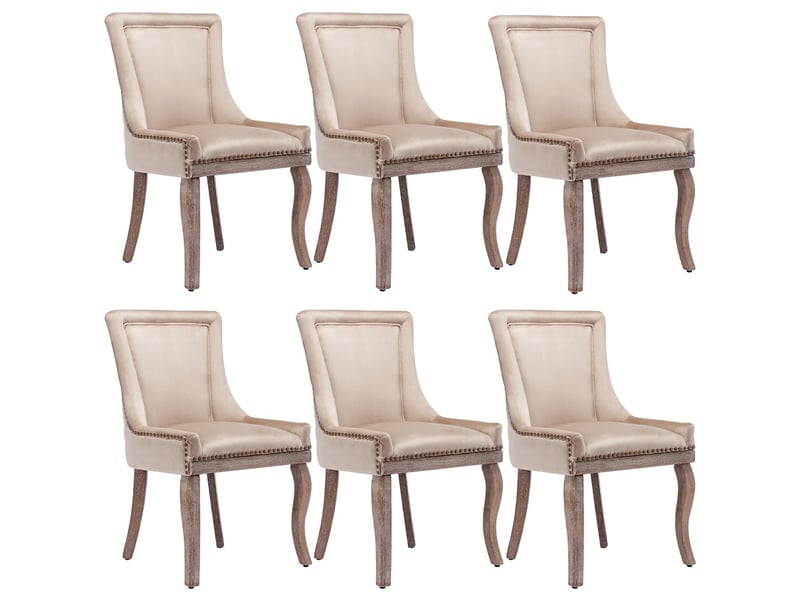 Lot de 6 chaises de salle à manger en velours beige, piètement en bois massif, dossier capitonné avec clous décoratifs - Conforama A