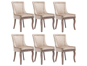 Lot de 6 chaises de salle à manger en velours beige, piètement en bois massif, dossier capitonné avec clous décoratifs