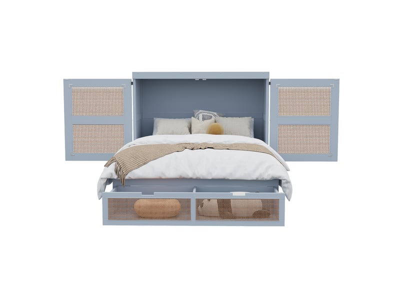  Lit escamotable vertical 140 x 200 cm, sommier à lattes et tiroirs de rangement, gris  - Conforama A