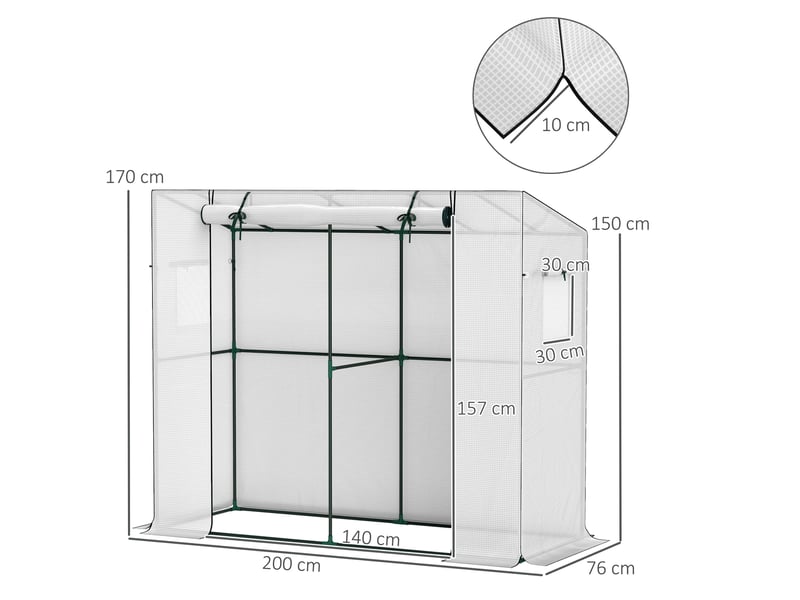 Serre de jardin adossée 200x76x170150 cm – blanche – porte zippée enroulable et 2 fenêtres - Conforama C