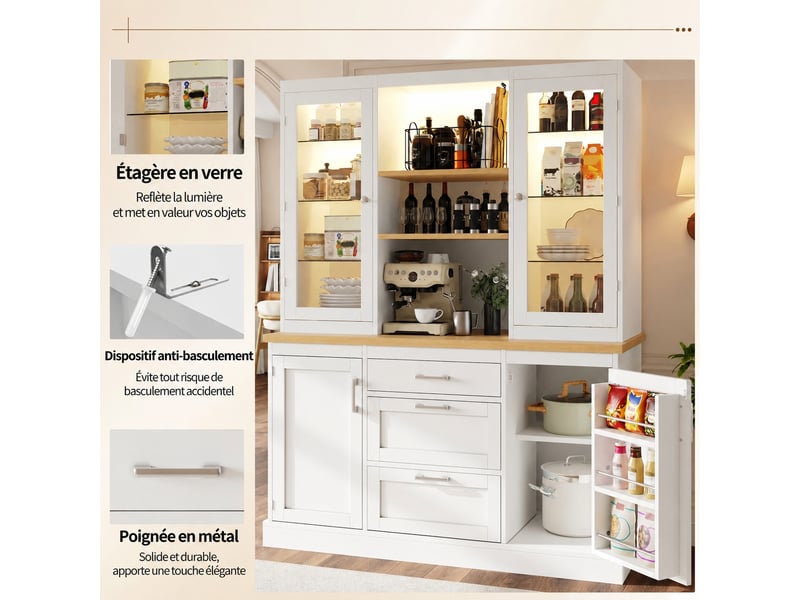  Meuble de cuisine muvano blanc avec plan de travail, 3 tiroirs et éclairage led piloté par application  - Conforama C