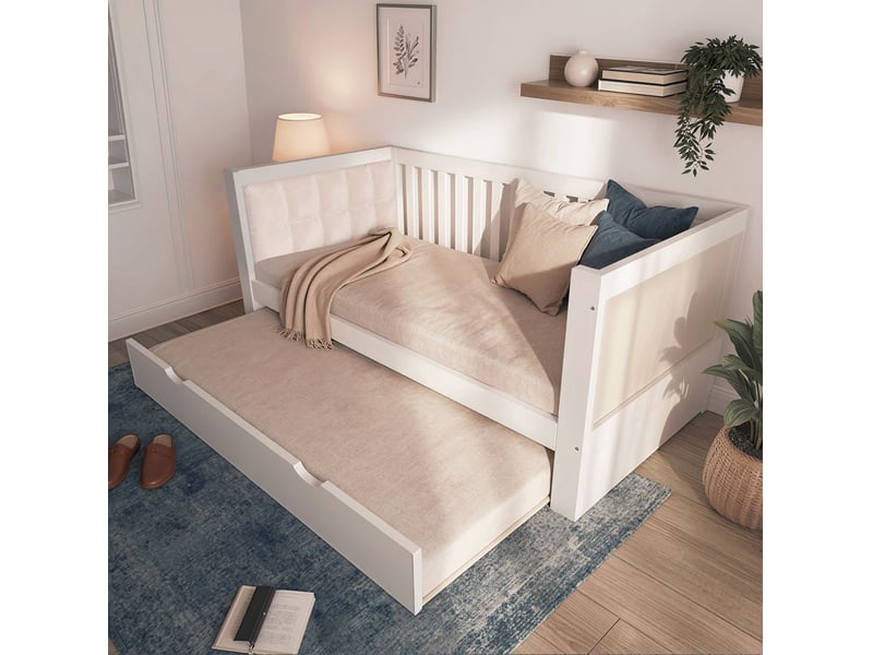  Lit gigogne 90x200 cm avec couchage coulissant en bois blanc  - Conforama C