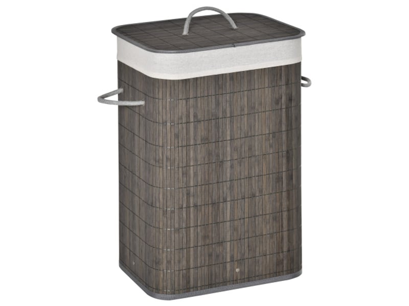  Panier à linge étroit en bambou gris 83l avec couvercle, poignées et sac amovible  - Conforama A