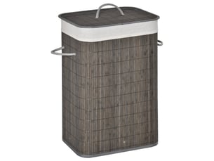 Panier à linge étroit en bambou gris 83l avec couvercle, poignées et sac amovible