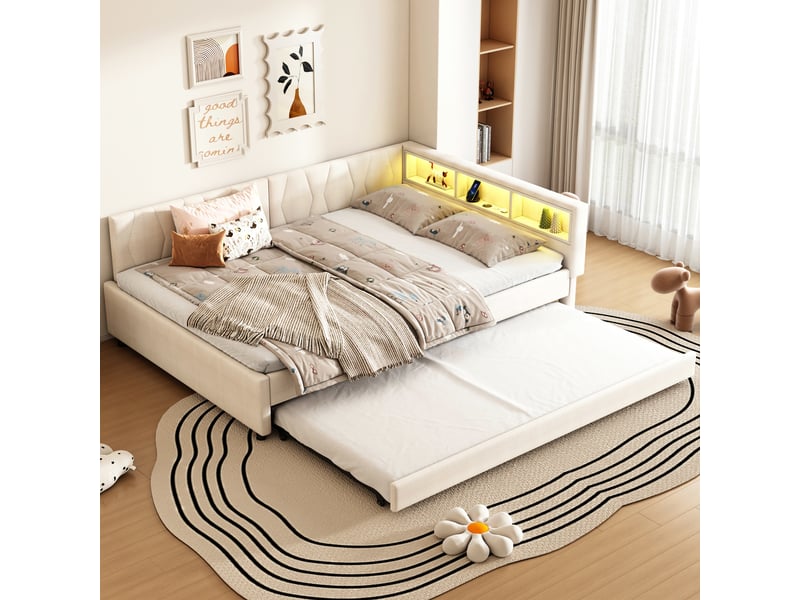 Lit de jour extensible 140x200 cm en tissu beige avec led, ports usb-c, rangement intégré et sommier à lattes - Conforama B