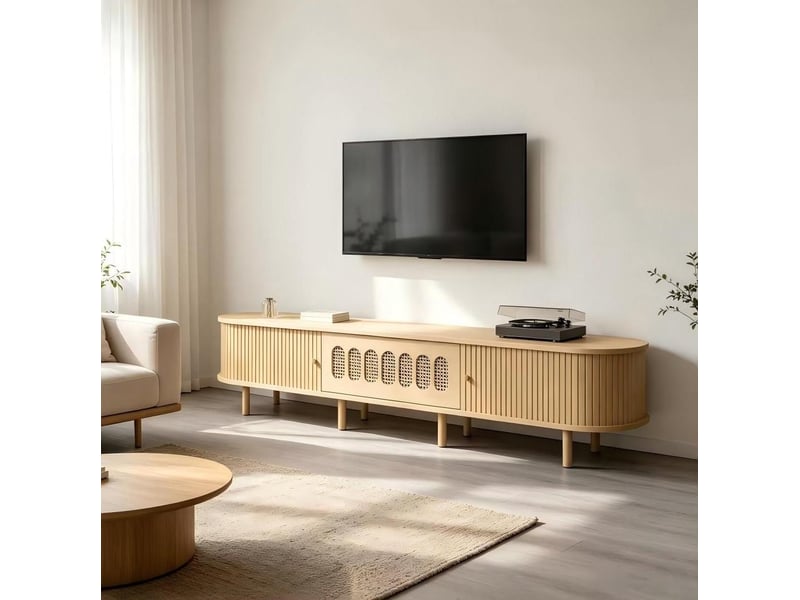  Meuble tv 180x40x40 cm avec porte abattante et coulissantes coloris bois naturel  - Conforama E