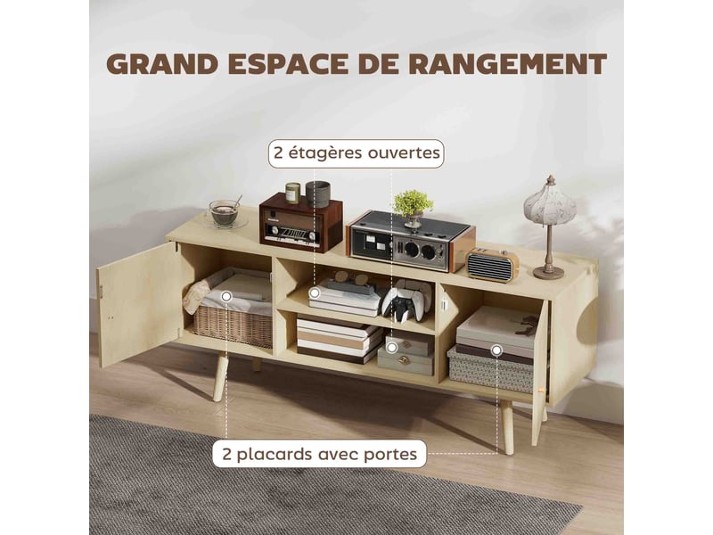  Meuble tv meuble télé pour téléviseur jusqu'à 55 pouces 2 placards et 2 étagères ouvertes effet bois naturel 120x34x50cm  - Conforama A