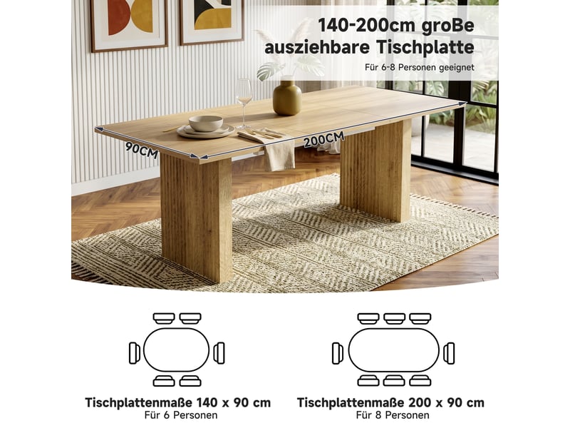  Table à manger extensible 140200 x 90 cm en mdf finition chêne, plateau épais 3 cm, pieds synchronisés, pour 6 à 8 personnes.  - Conforama D