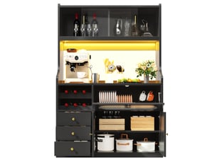Armoire noire 120cm, led rgb app, portes verre coulissantes, porte-vin, portes relevables, 3 tiroirs, cuisine et salle à manger