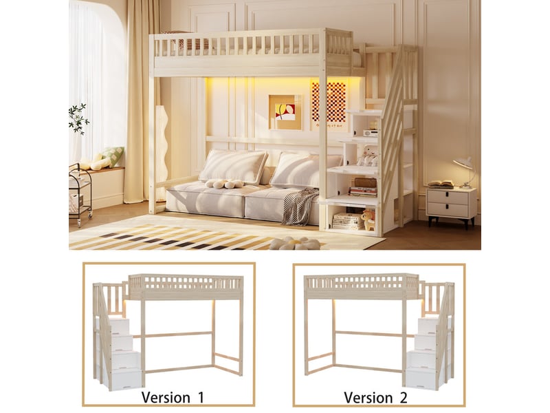 Lit mezzanine 90 x 200 cm - avec échelle de sécurité - avec barrières de sécurité - avec éclairage led - naturel (matelas non inclus)  - Conforama D