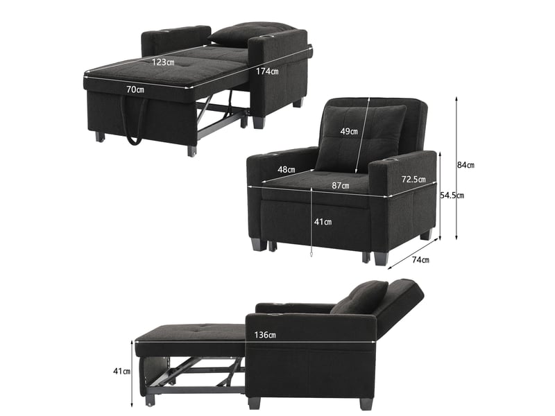 Fauteuil convertible 3 en 1 avec dossier inclinable, couchage d'appoint, porte-gobelets et port usb, noir  - Conforama C