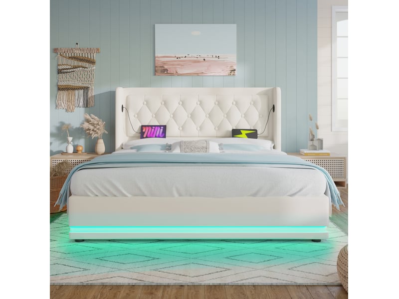  Lit coffre 140 × 200 cm 2 places avec led réglable, usb et type-c, rangement hydraulique, matelas inclus, pu blanc  - Conforama C