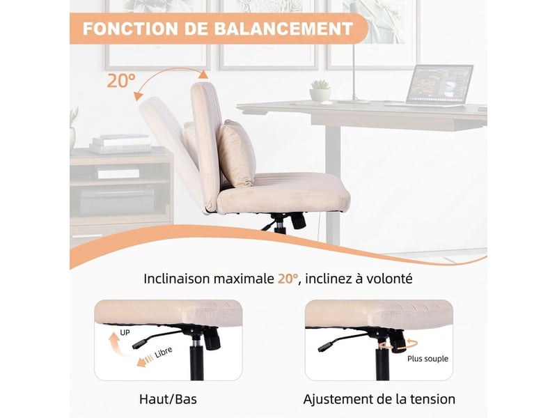  Chaise de bureau pivotante en tissu réglable en hauteur sans accoudoirs à roulettes silencieuses  - Conforama D