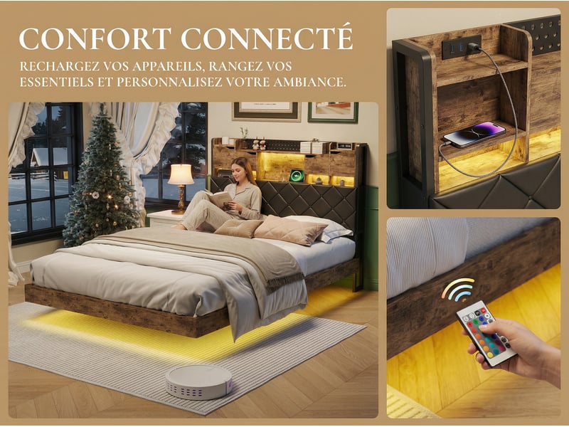  Lit 140x200 cm - led intégrée et rangement - tête de lit avec étagères - style industriel bois et métal  - Conforama E