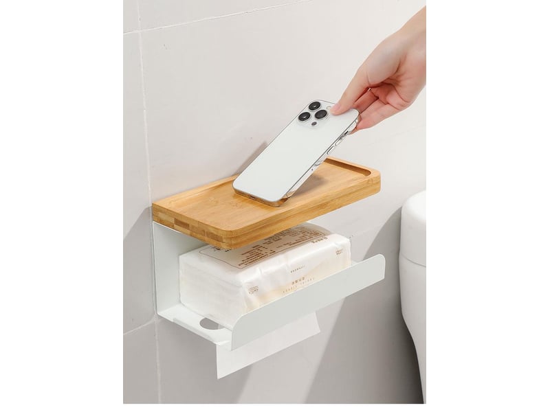  Dérouleur papier toilette adhésif sans perçage – support wc mural avec étagère en bambou, 2 en 1  - Conforama E
