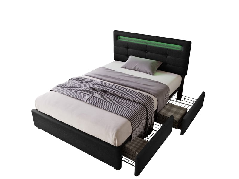  Modenvie lit simple avec tiroirs 90x200 cm - led, tete de lit reglable, sans matelas - noir  - Conforama A