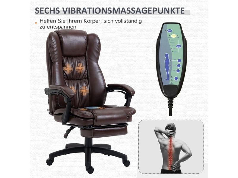  Fauteuil de bureau avec repose-pieds, massage et appui-tête, marron, inclinable à 135°  - Conforama D